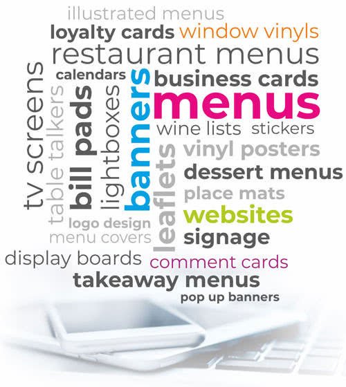 Menu printing products include Takeaway menus, Dessert menus, Wine lists, Restaurant table menus online websites and marketing