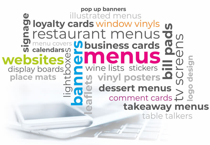 Menu printing products include Takeaway menus, Dessert menus, Wine lists, Restaurant table menus online websites and marketing